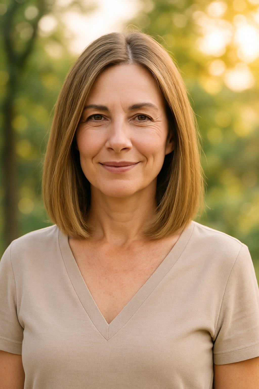A smiling woman with shoulder-length straight hair standing outdoors with blurred greenery in the background.