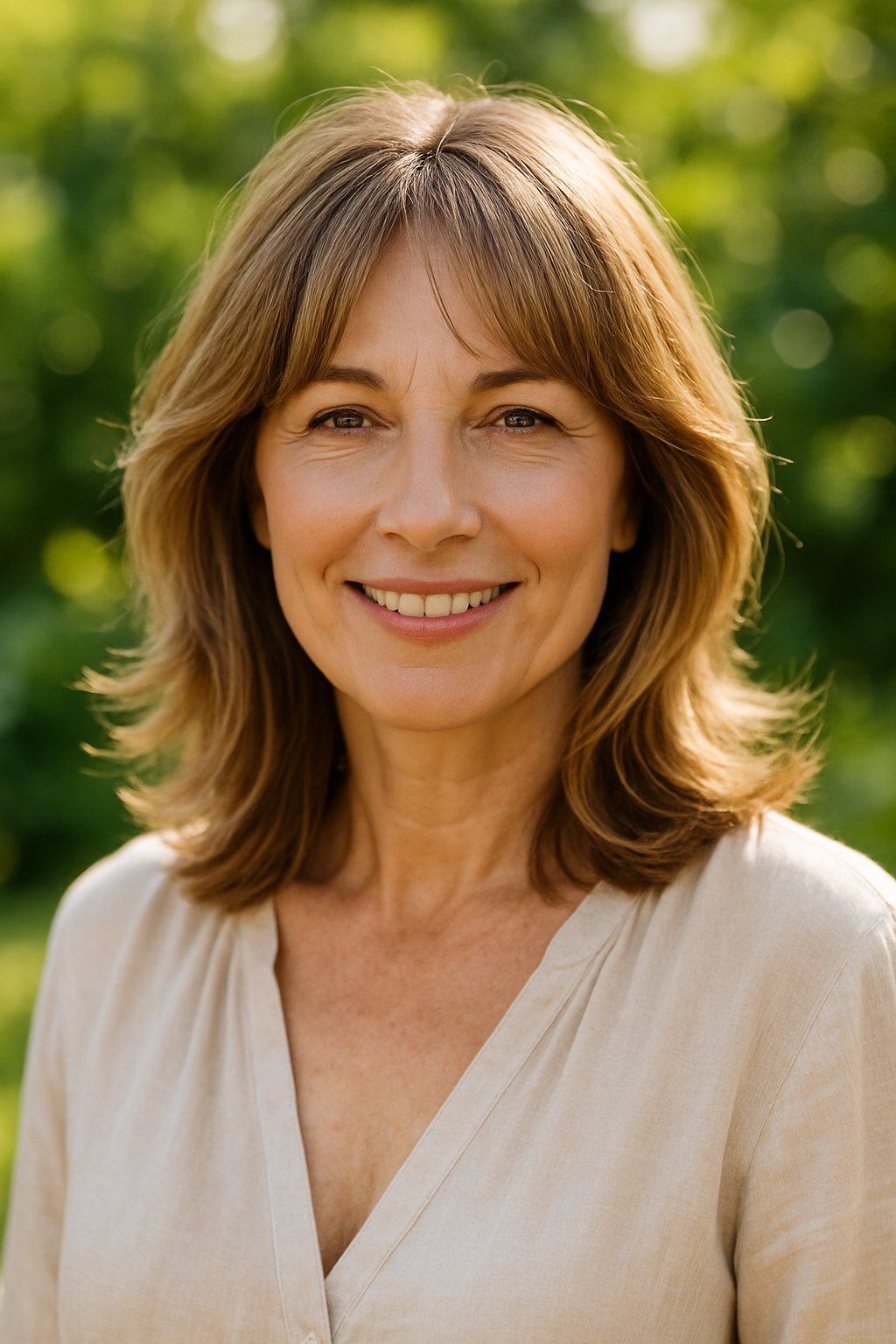 A smiling middle-aged woman outdoors with layered hair and bangs, wearing a light blouse.