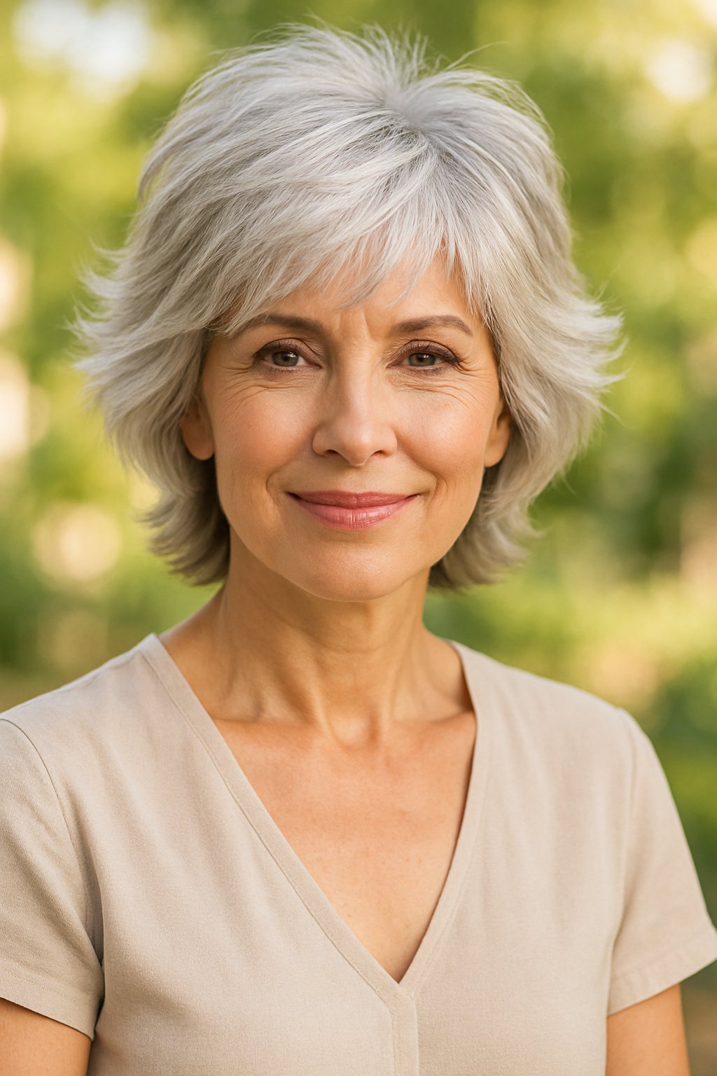 A smiling middle-aged woman with layered silver hair posing outdoors in natural light.