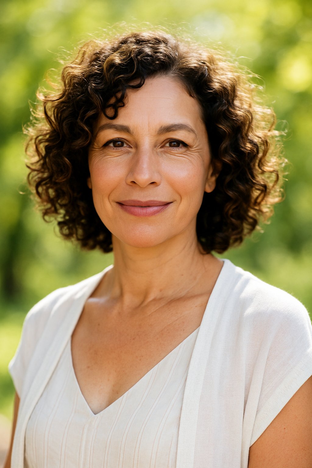 A smiling woman over 45 with curly bob hair standing outdoors on a sunny day.