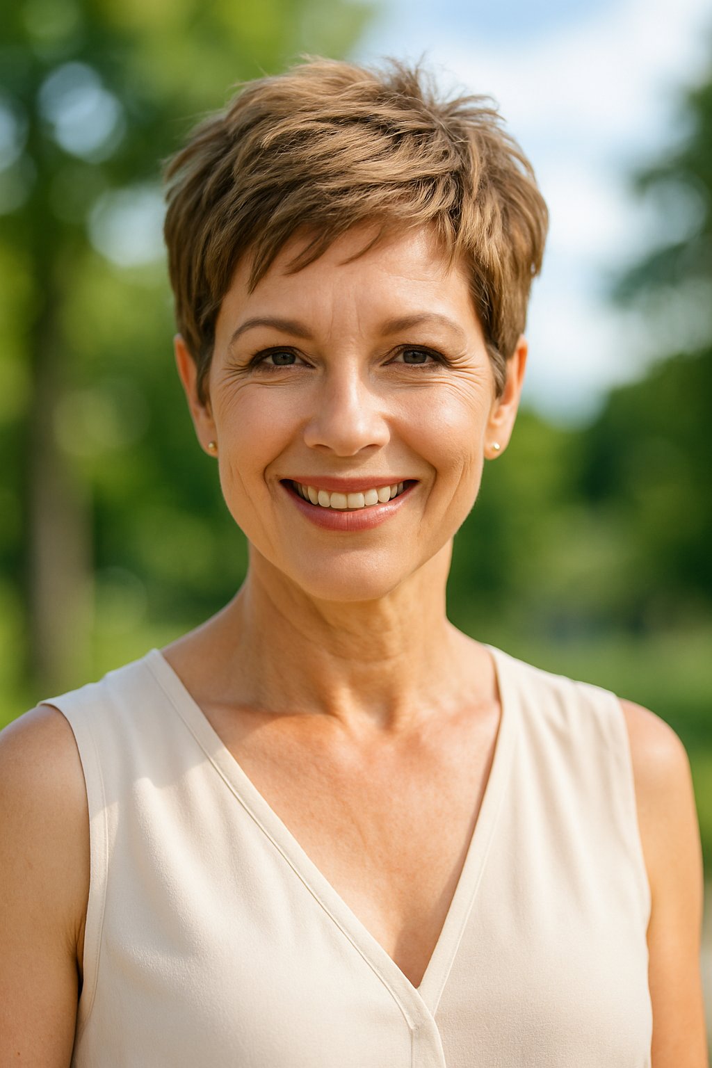 A smiling woman over 45 with a short choppy haircut standing outdoors on a sunny day.