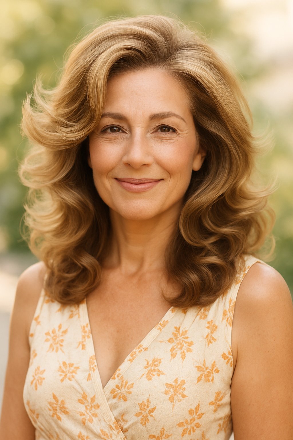 A smiling woman with loose curly hair and a voluminous hairstyle, wearing a summer outfit against a softly blurred natural background.