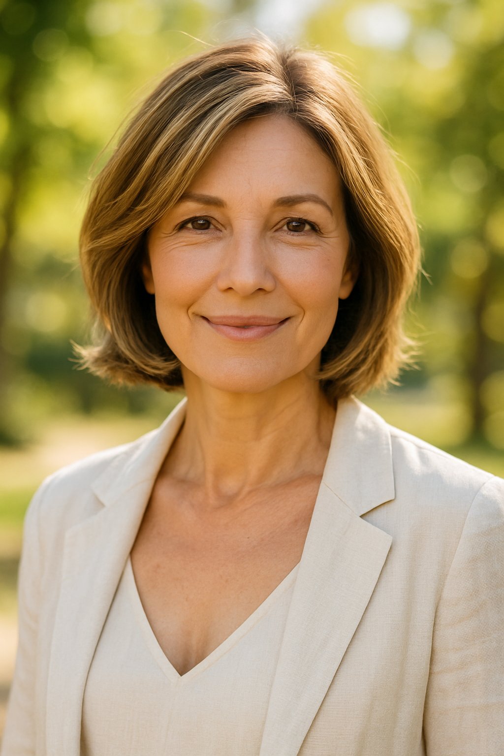 A smiling woman over 45 with a layered bob haircut and face-framing highlights standing outdoors on a sunny day.