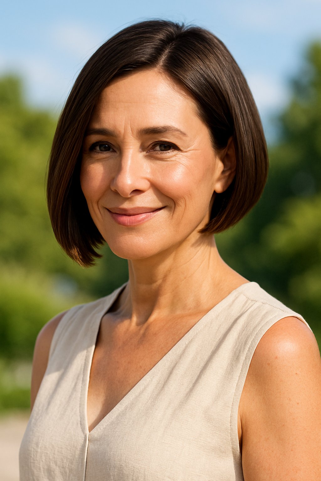 A smiling middle-aged woman outdoors on a sunny day with short angled hair, wearing light summer clothes.