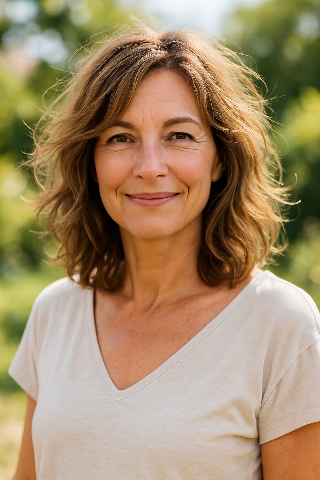 A smiling woman with shoulder-length tousled hair outdoors on a sunny day.
