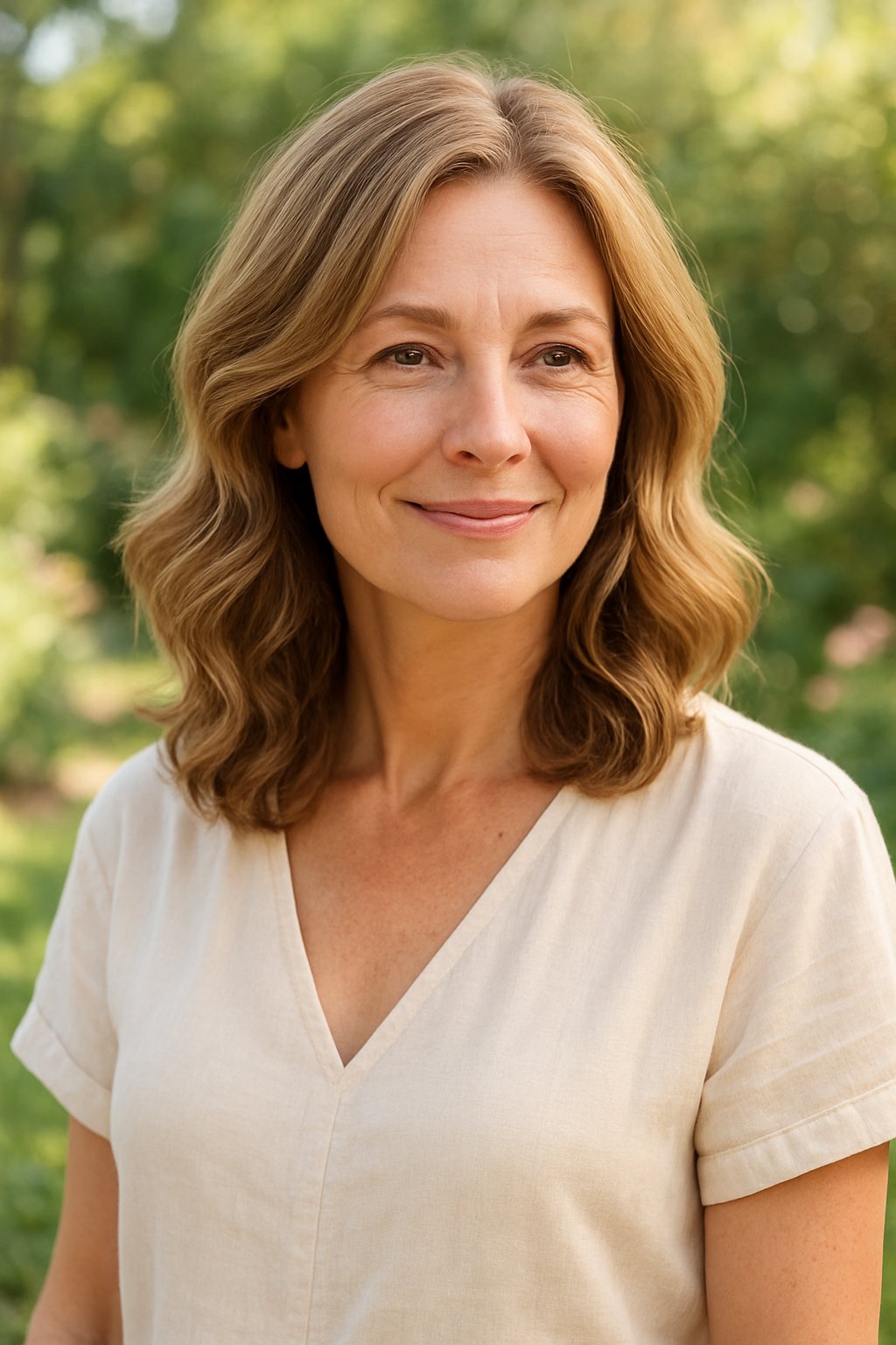 A smiling woman with medium-length wavy hair standing outdoors in a garden with greenery in the background.