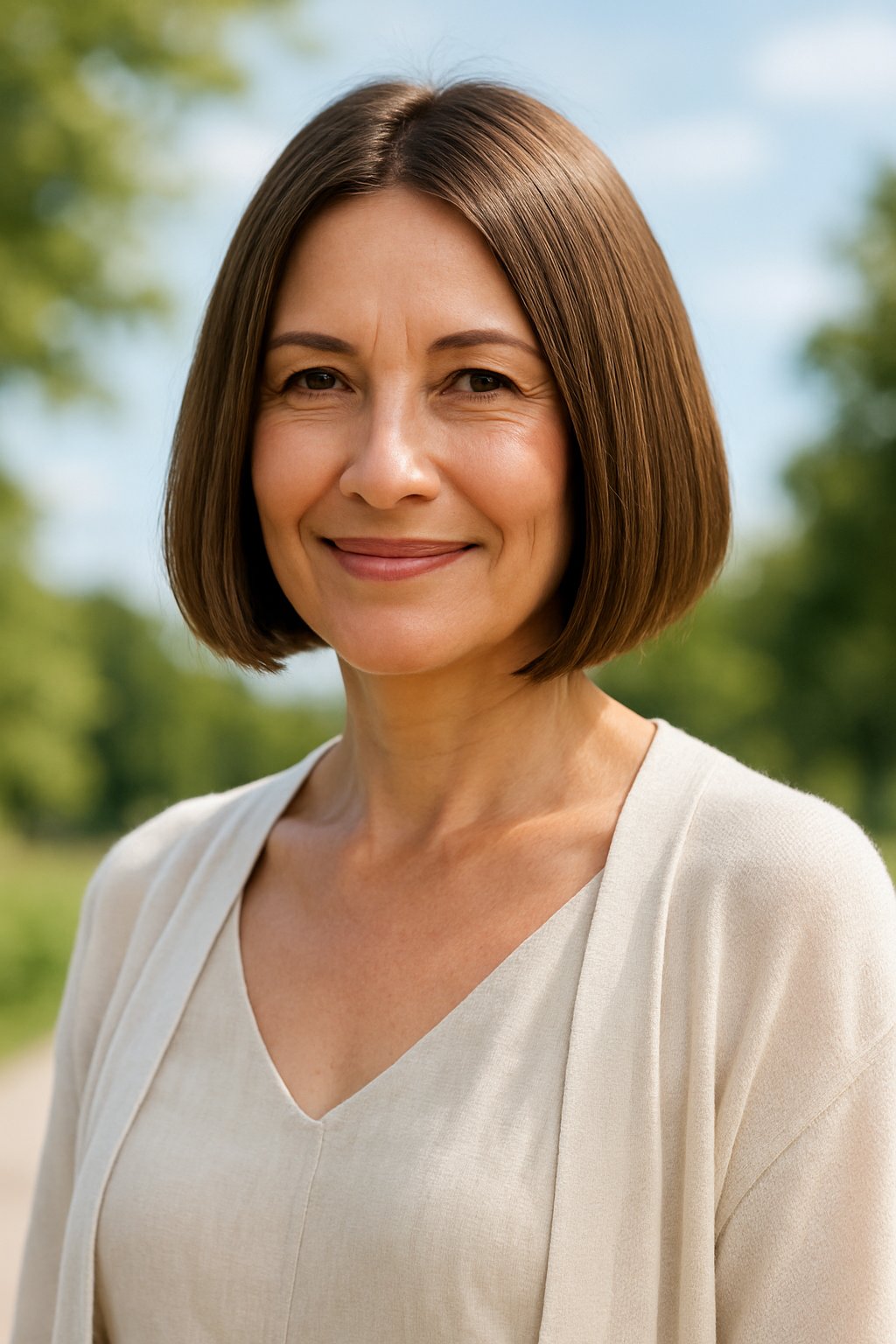 A smiling mature woman with a classic bob haircut standing outdoors on a sunny day.