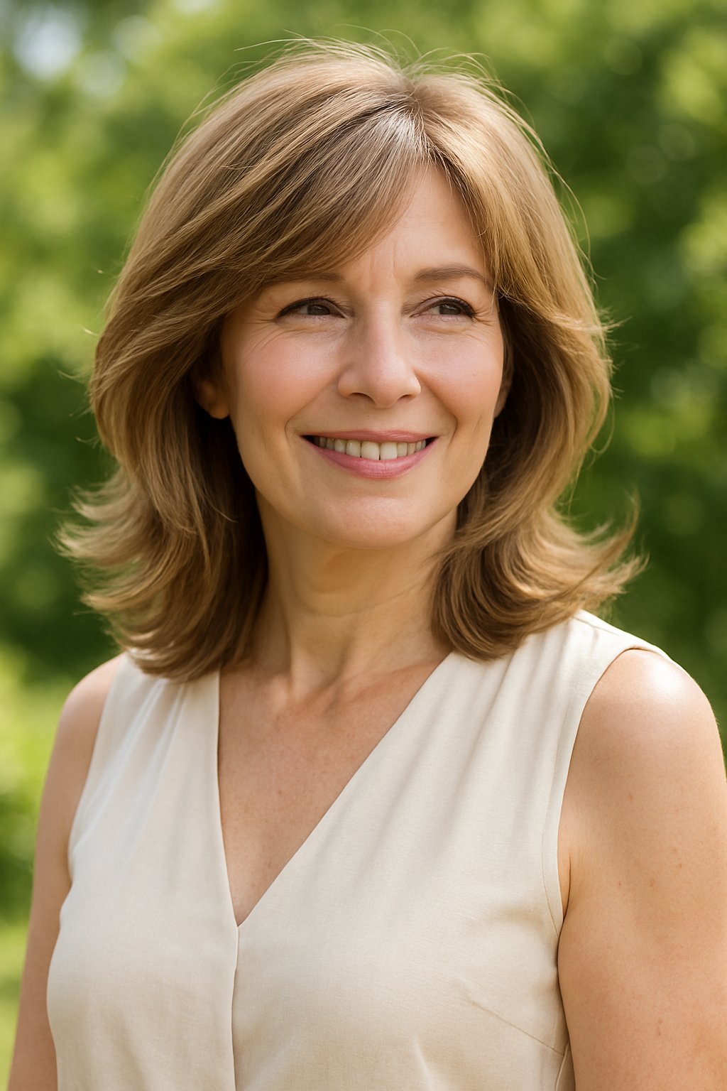 A smiling woman outdoors on a sunny day with soft layered hair and side swept bangs.