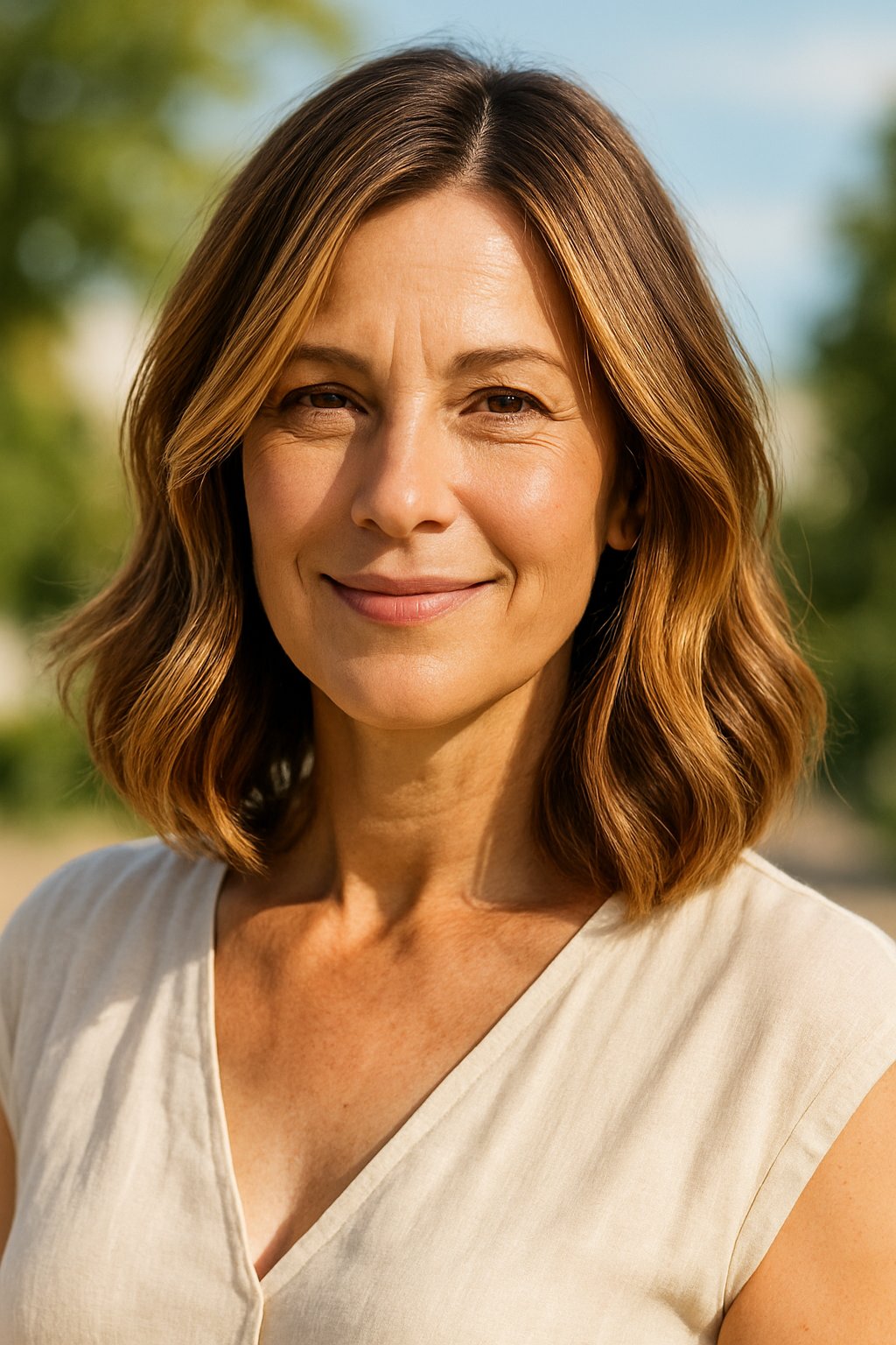 A smiling woman over 45 with caramel highlighted long bob hairstyle outdoors in sunlight.