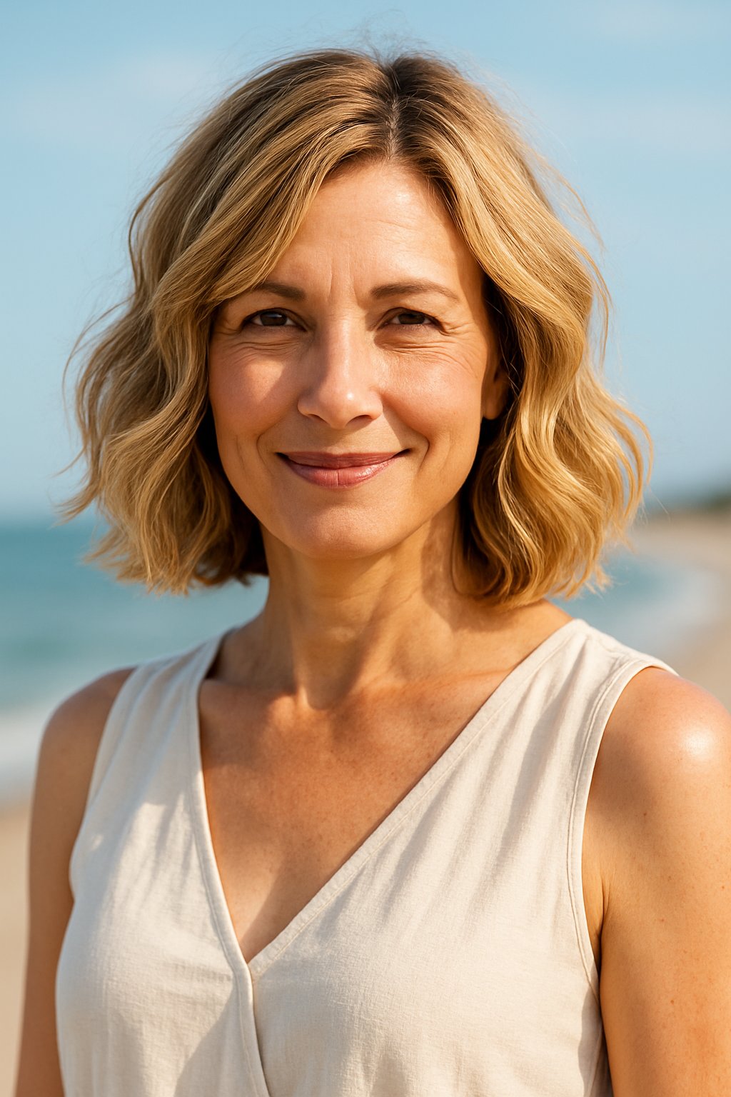 A smiling woman with shoulder-length wavy hair standing outdoors near a beach on a sunny day.
