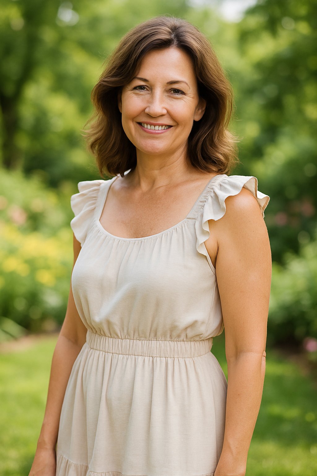 A mature woman standing outdoors in a garden wearing a ruffled shoulder sundress with an elastic waist, smiling and posing confidently.