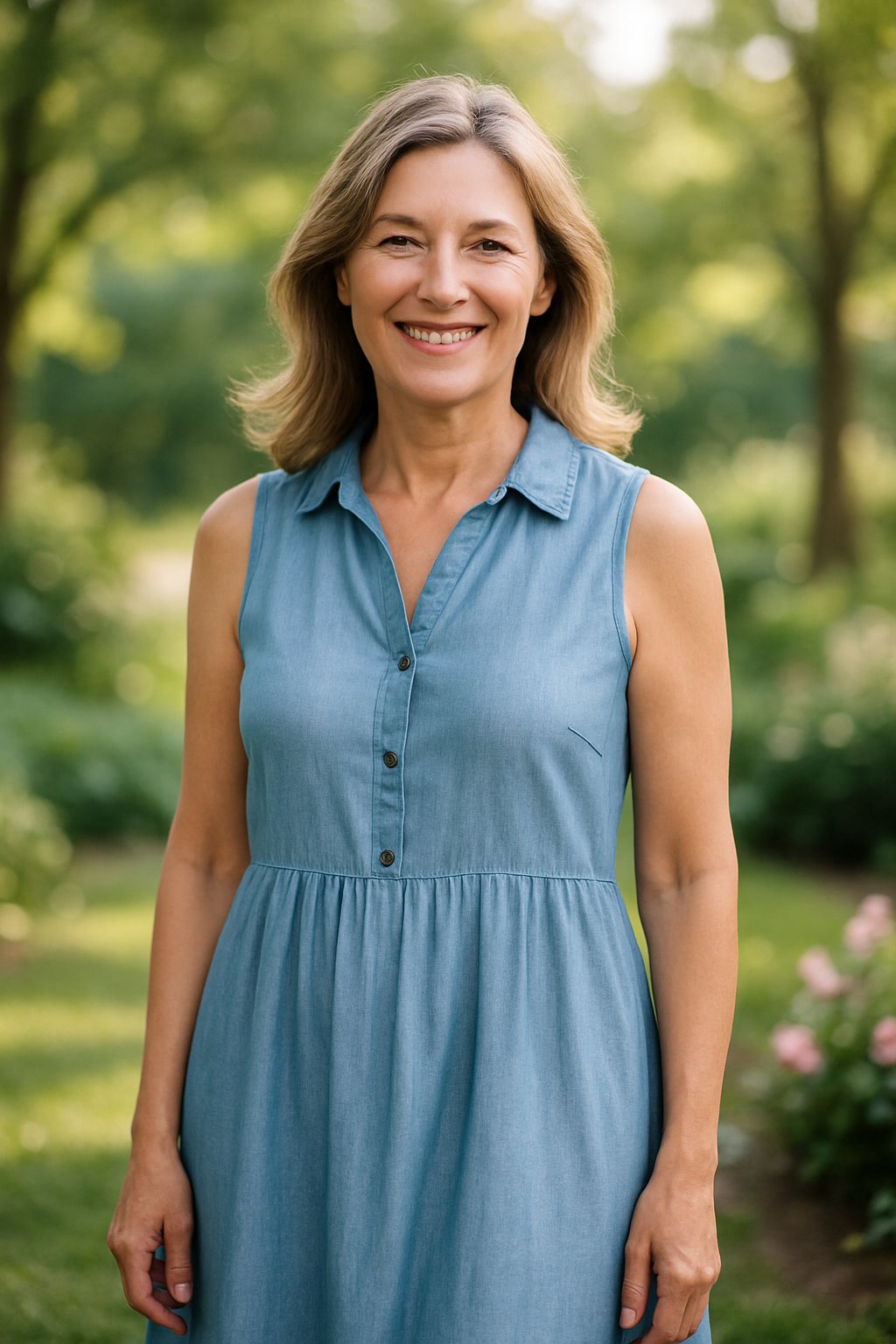A smiling woman standing outdoors in a garden wearing a light blue sundress with a collar.