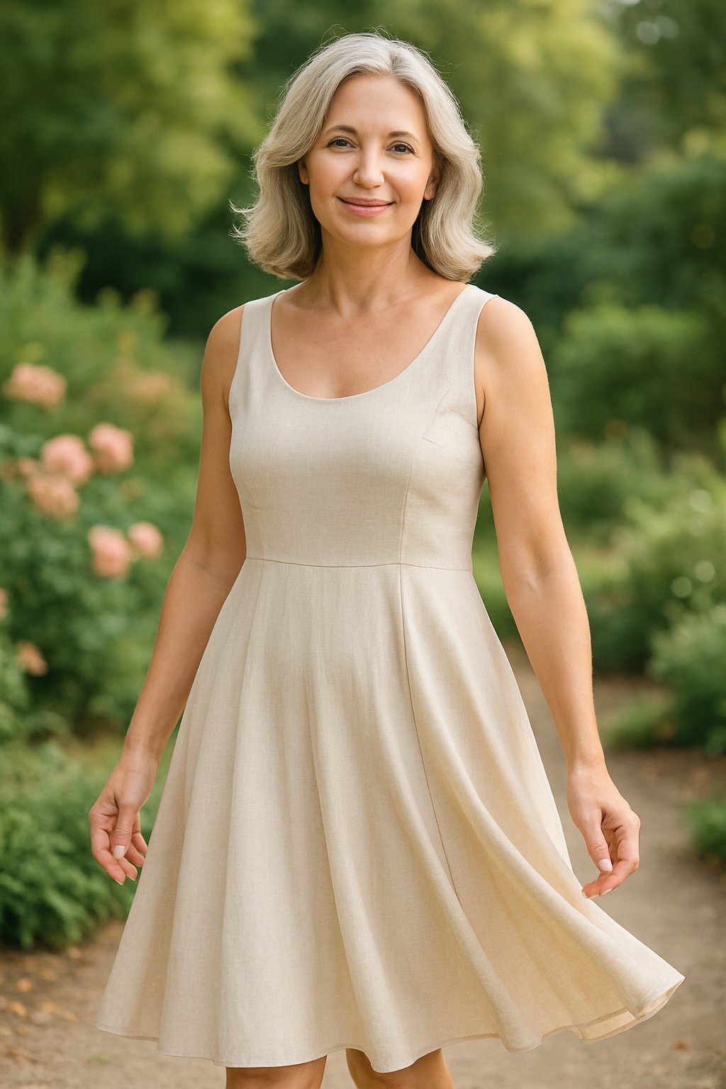 A woman over 45 standing outdoors in a garden, wearing a light sundress with a pleated skirt, smiling gently.