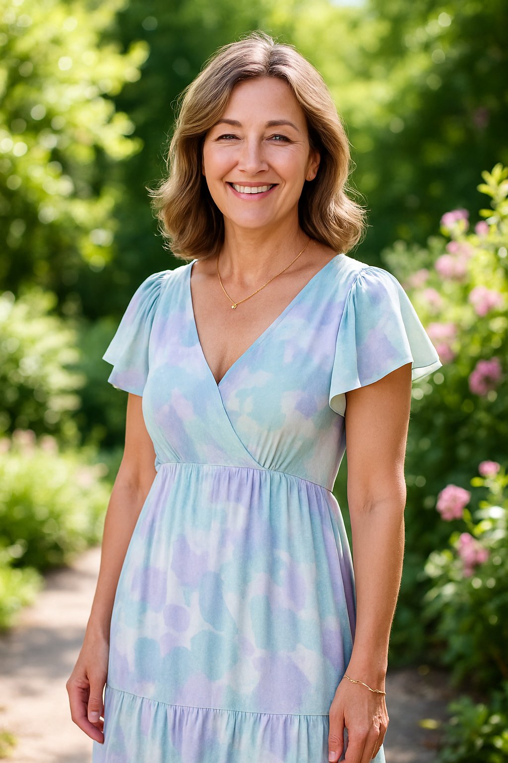 A smiling woman over 45 wearing a pastel flutter sleeve sundress standing outdoors in a garden with greenery and flowers.