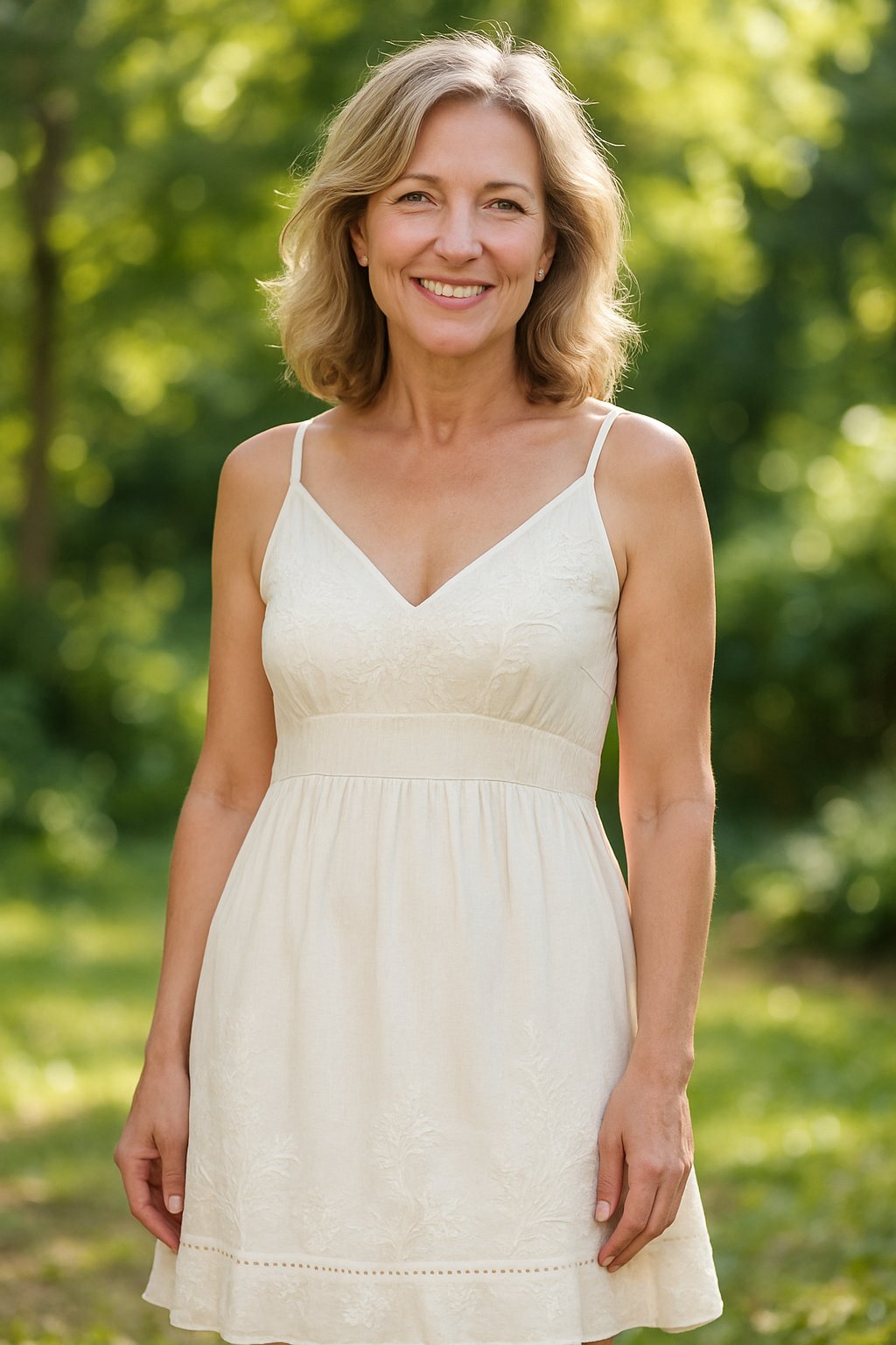 A mature woman standing outdoors in a garden wearing a light embroidered sundress, smiling and posing confidently.