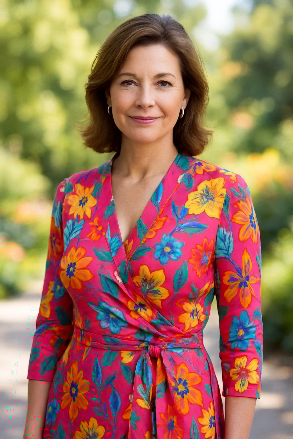 A smiling woman standing outdoors in a bright printed wrap dress with greenery and flowers in the background.