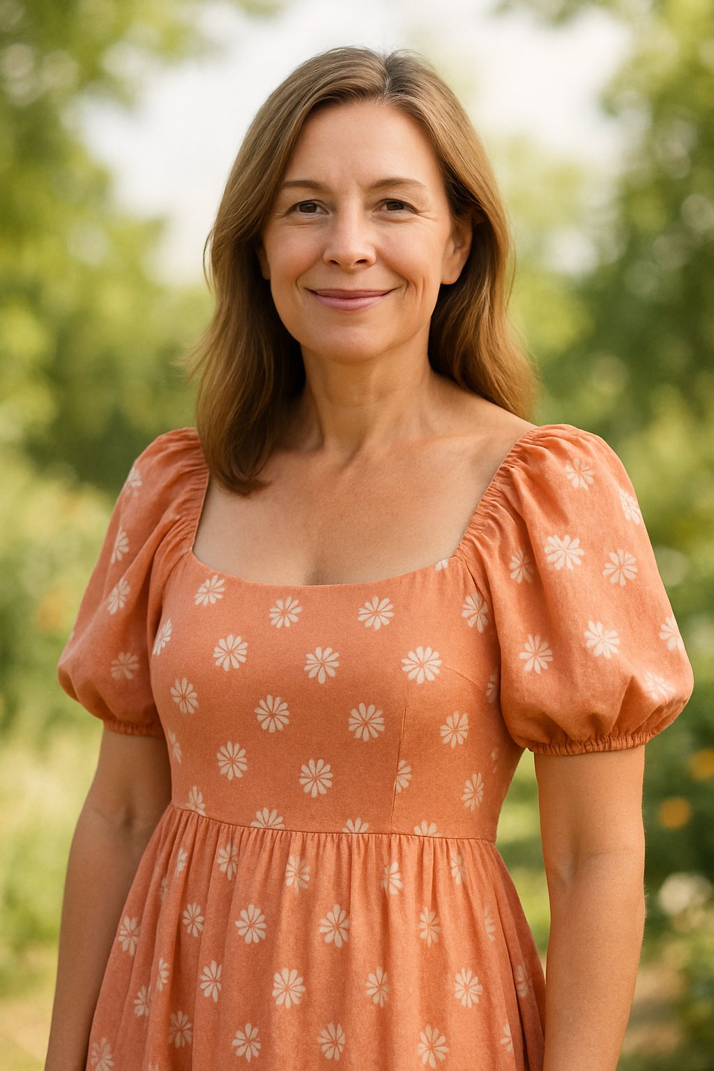 A smiling woman over 45 standing outdoors wearing a sundress with puff sleeves.