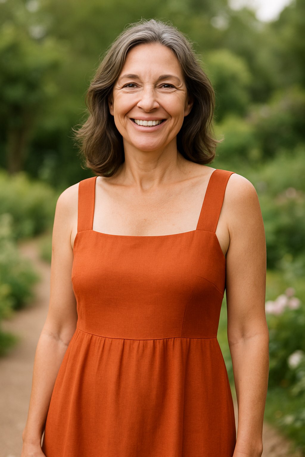 A woman over 45 standing outdoors in a garden wearing a square neck sundress in a solid color.