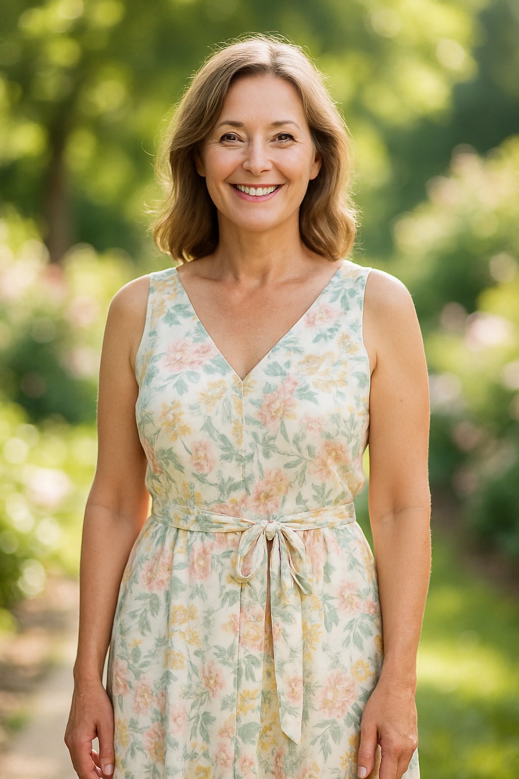 A woman over 45 standing outdoors in a garden wearing a floral sundress with a tie waist, smiling gently.