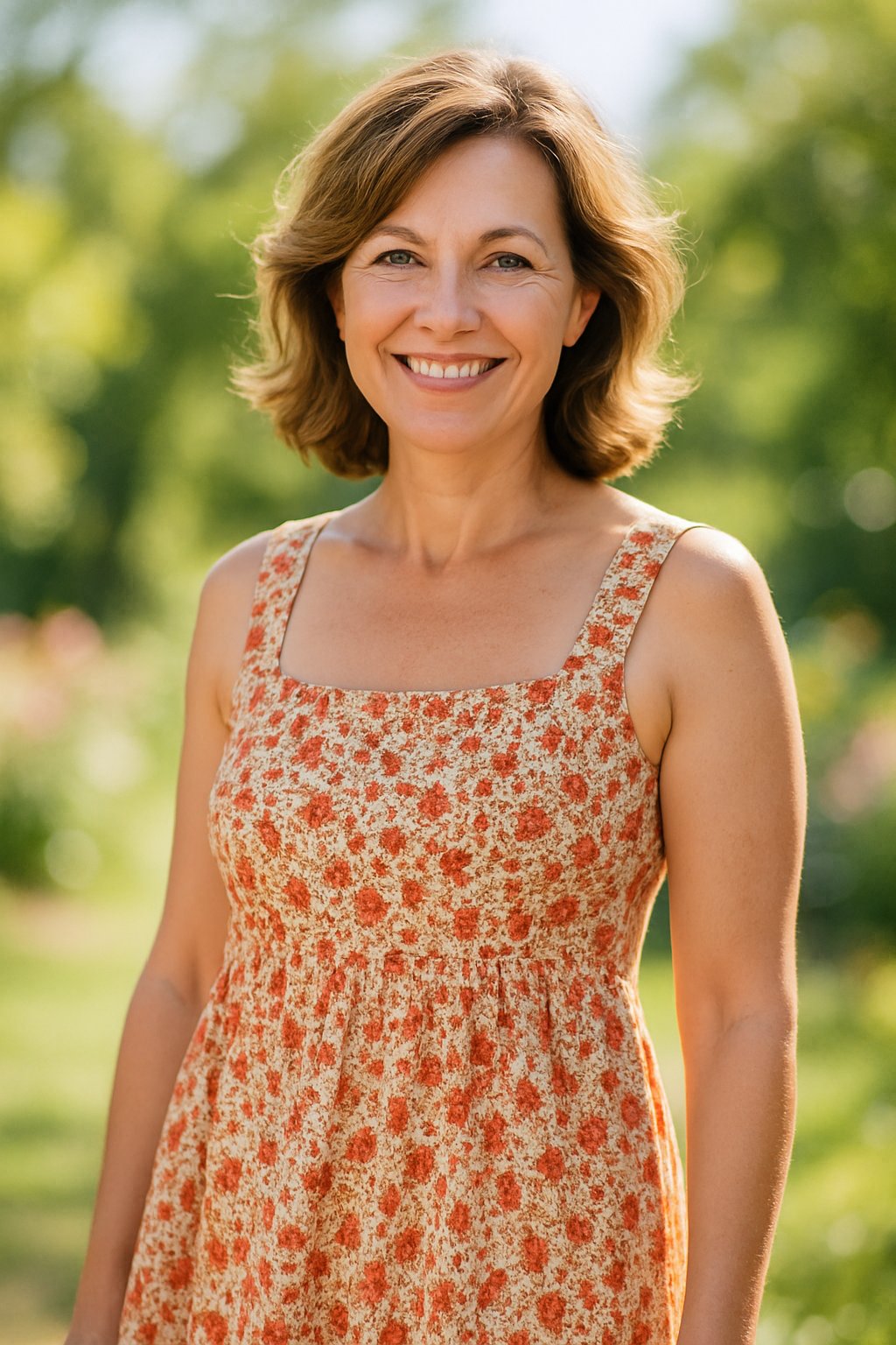 A smiling woman over 45 wearing a sleeveless sundress with a square neckline, standing outdoors with greenery in the background.