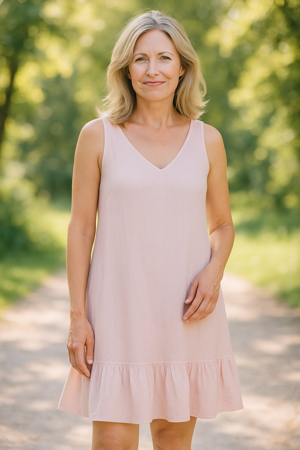 A woman standing outdoors wearing a knee-length sundress with a ruffle hem, smiling gently with trees in the background.