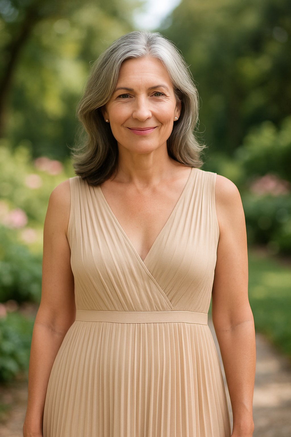 A woman over 45 standing outdoors in a garden wearing a pleated sundress with a V-neck, smiling gently.