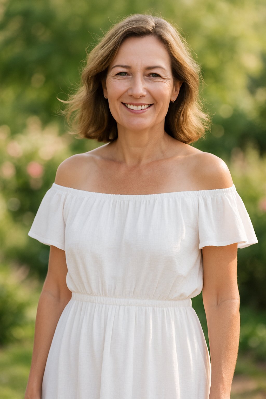 A smiling woman over 45 wearing an off-shoulder cotton sundress standing outdoors with greenery in the background.