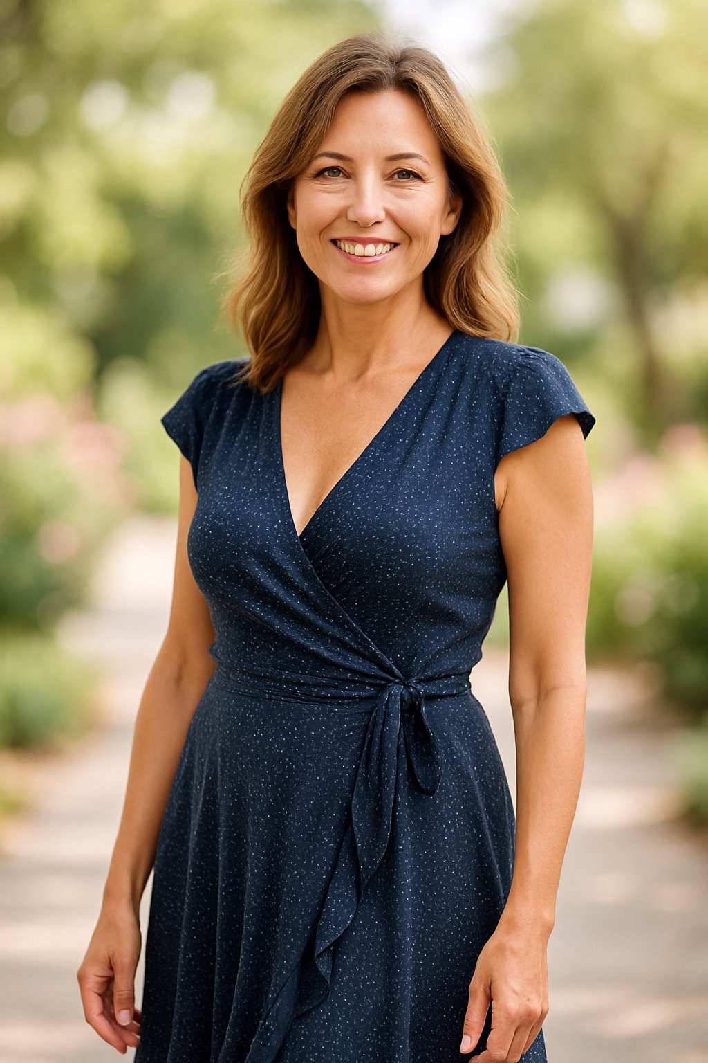 A woman over 45 standing outdoors wearing a wrap sundress with cap sleeves, smiling with greenery in the background.
