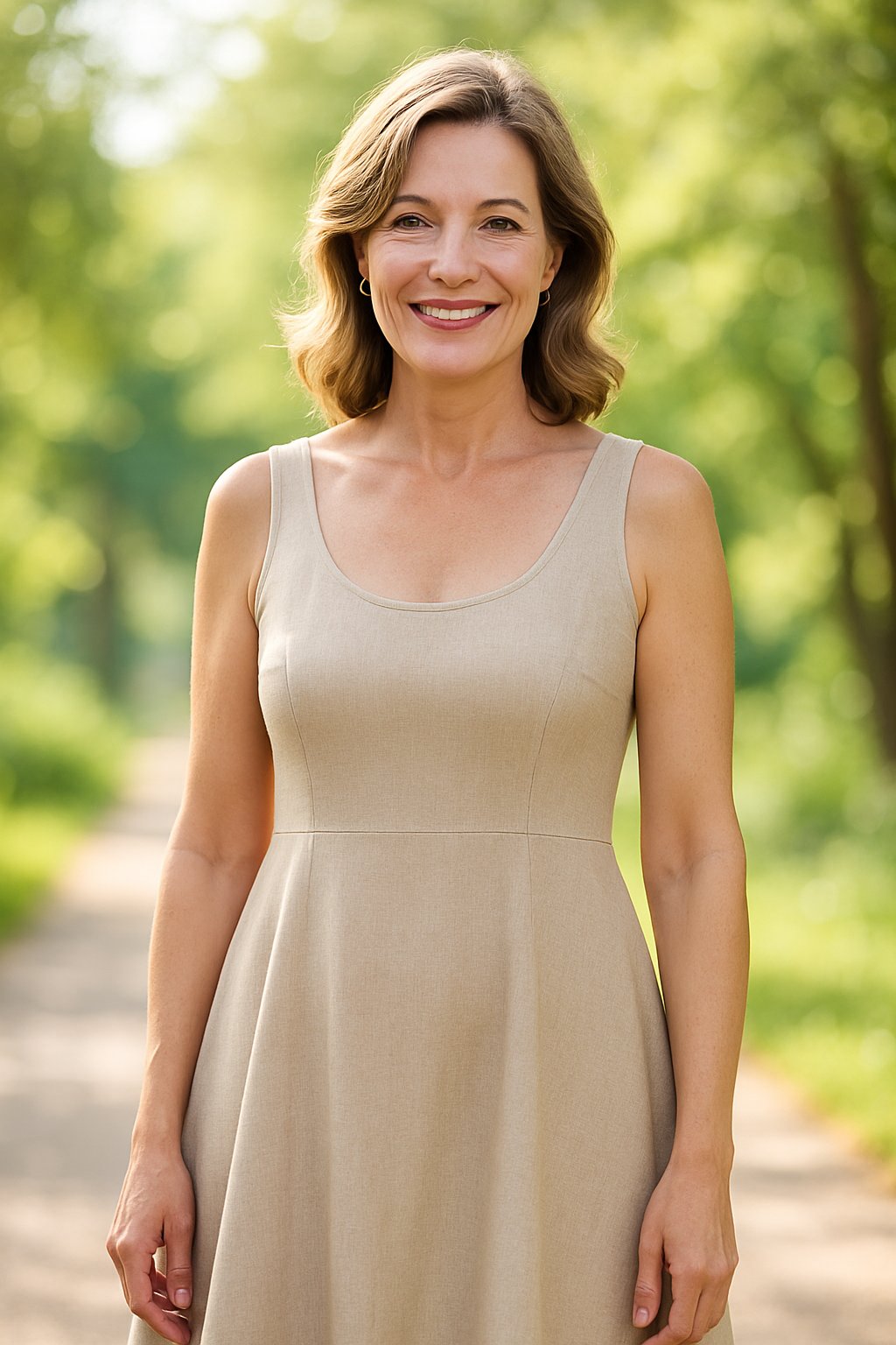 A woman over 45 standing outdoors wearing a sleeveless sundress with a scoop neck, smiling and looking confident.