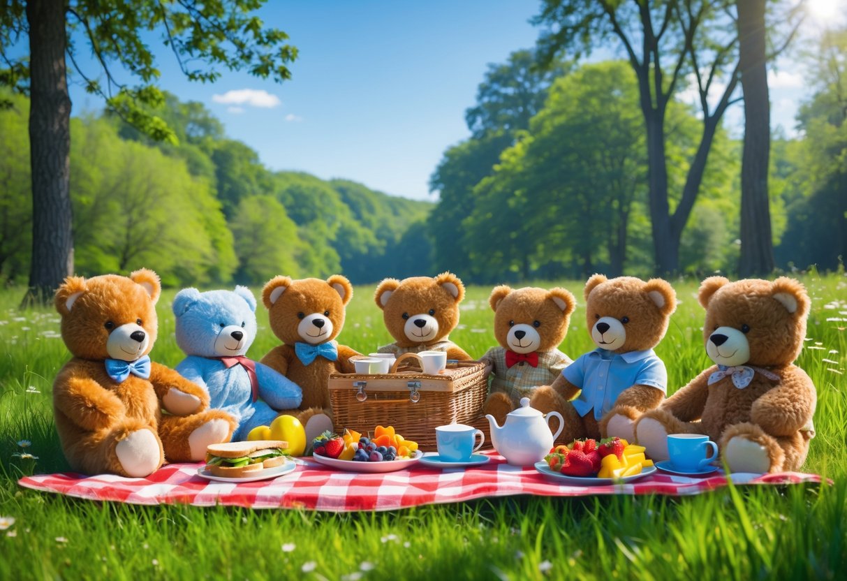 A group of teddy bears having a picnic on a checkered blanket in a sunny meadow surrounded by trees and wildflowers.