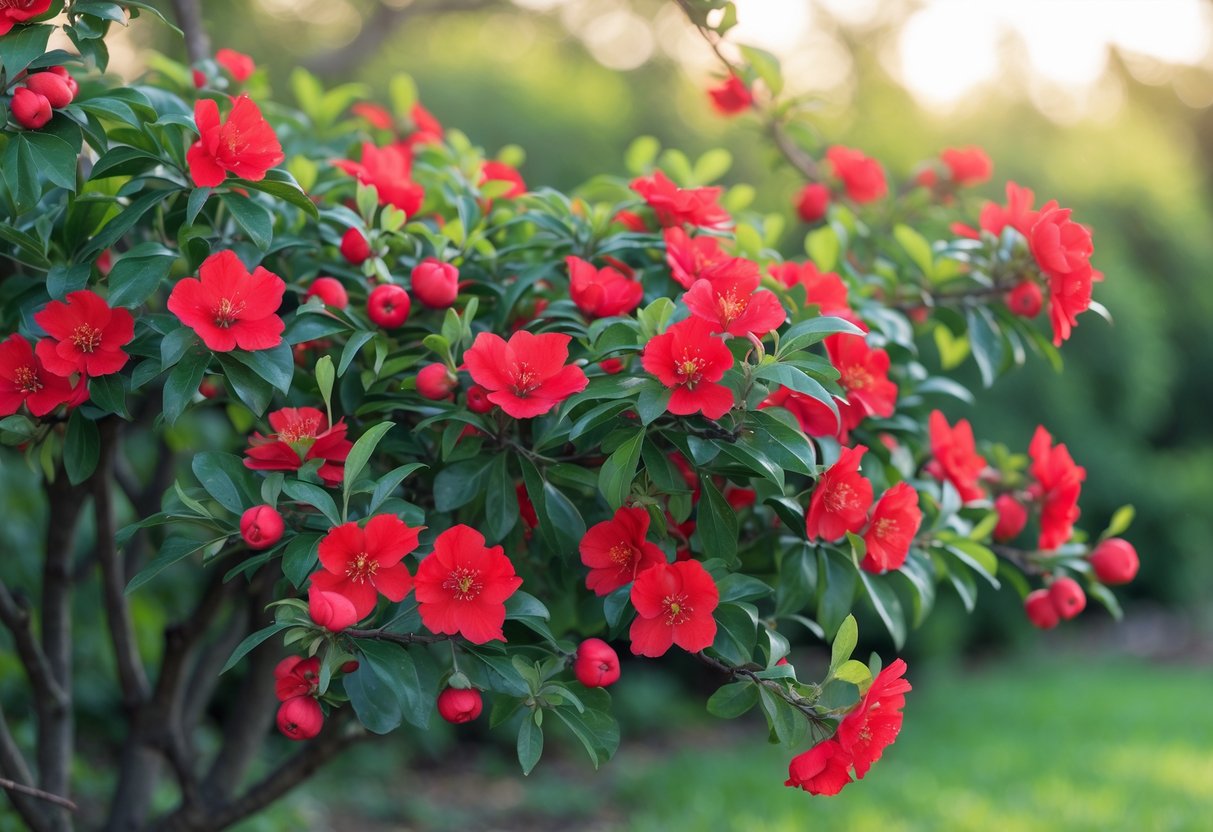 A vibrant Texas Scarlet flowering quince shrub covered in bright red flowers with green leaves in a garden setting.