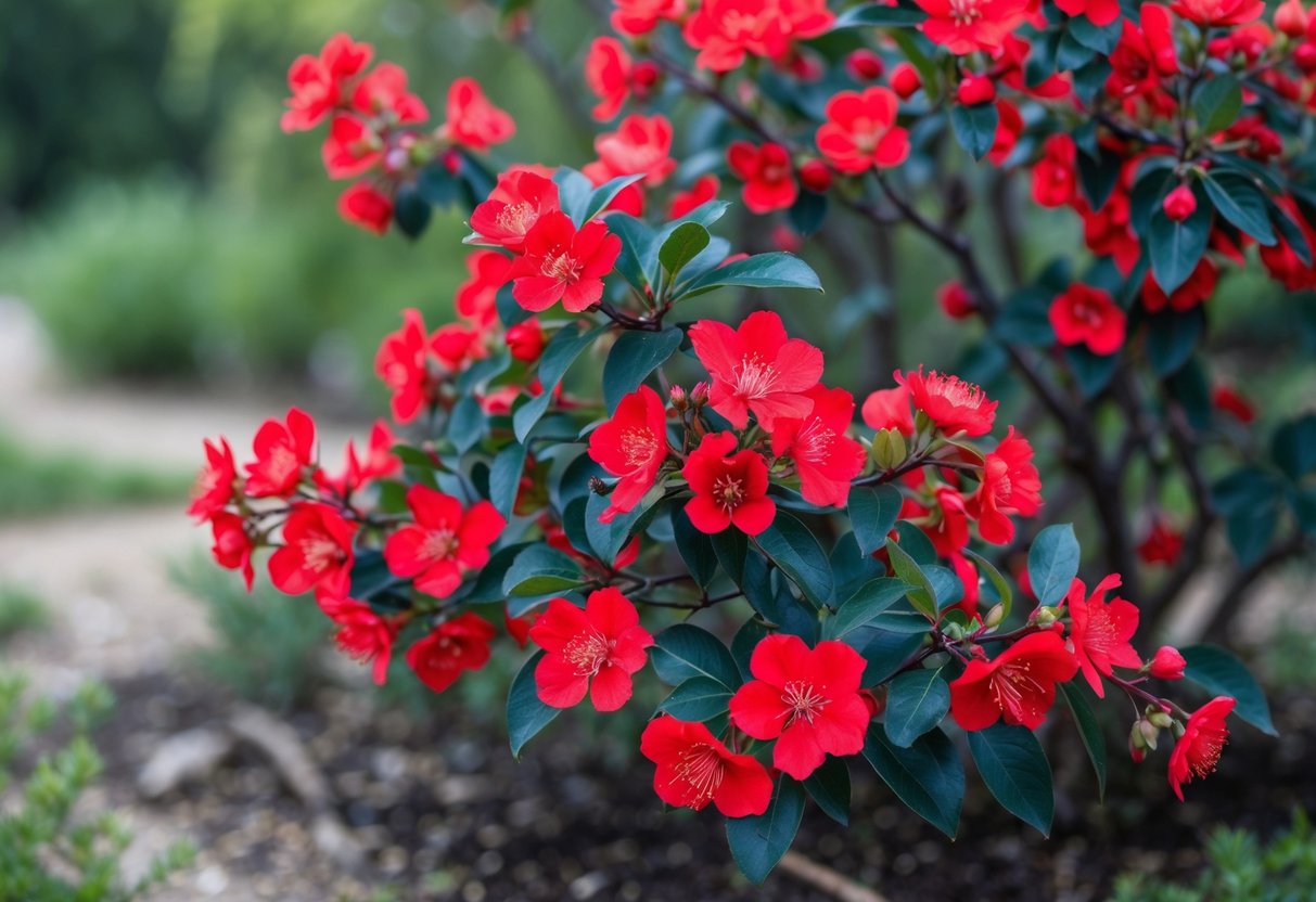 A Texas Scarlet Flowering Quince shrub with bright red flowers and green leaves in a garden setting.