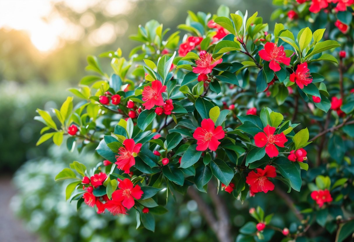 A bright red flowering quince shrub with green leaves in a garden setting.
