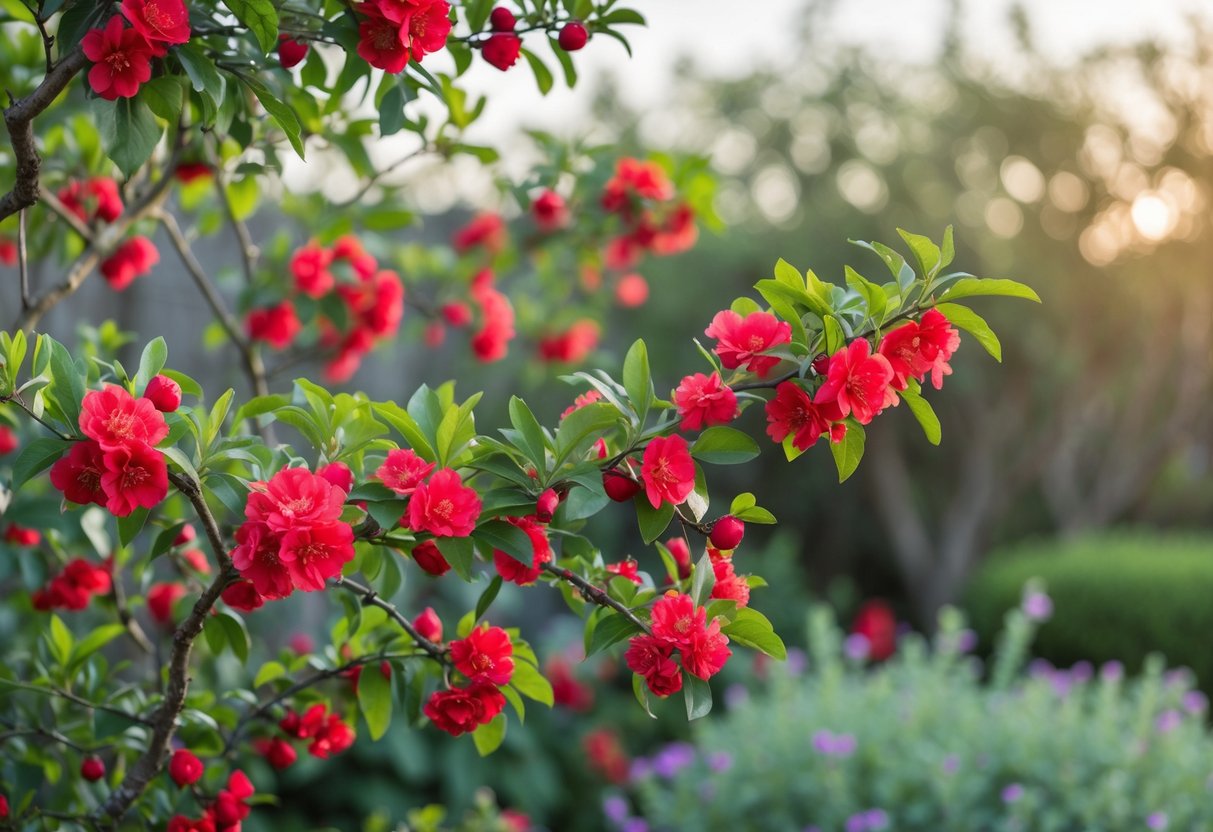 A blooming Texas Scarlet Flowering Quince shrub with bright red flowers and green leaves in a garden setting.