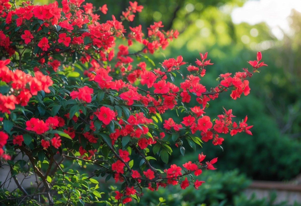A Texas Scarlet Flowering Quince bush covered in bright red blossoms in a sunlit garden.