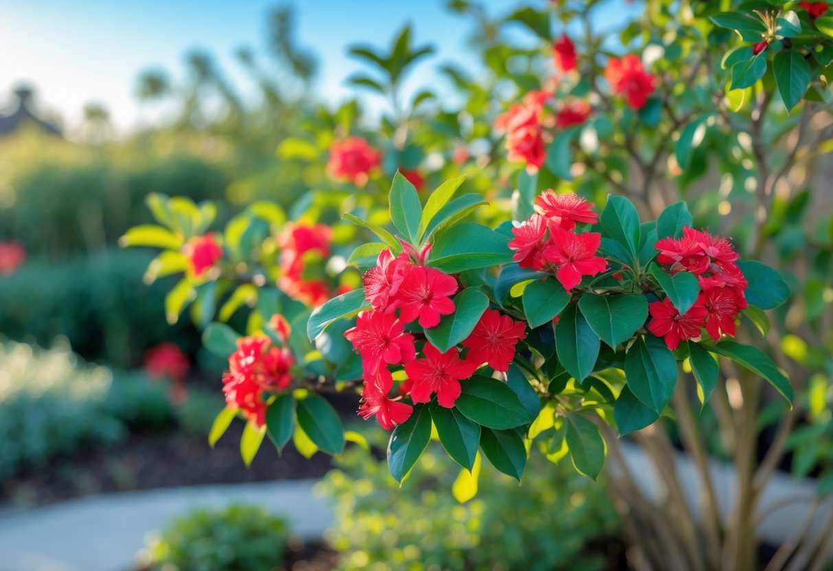 Close-up of a Texas Scarlet Flowering Quince shrub with bright red flowers and green leaves in a garden setting.