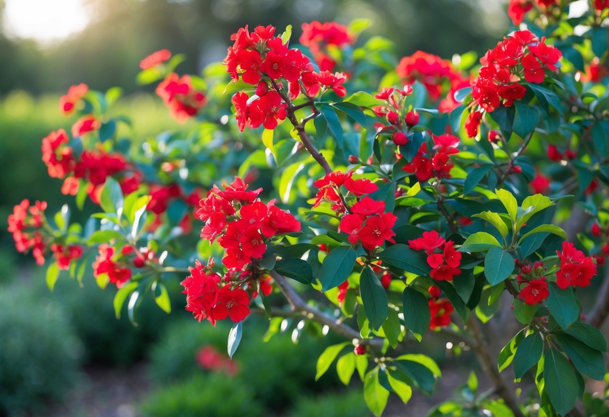 A blooming Texas Scarlet Flowering Quince shrub with bright red flowers and green leaves in a garden.