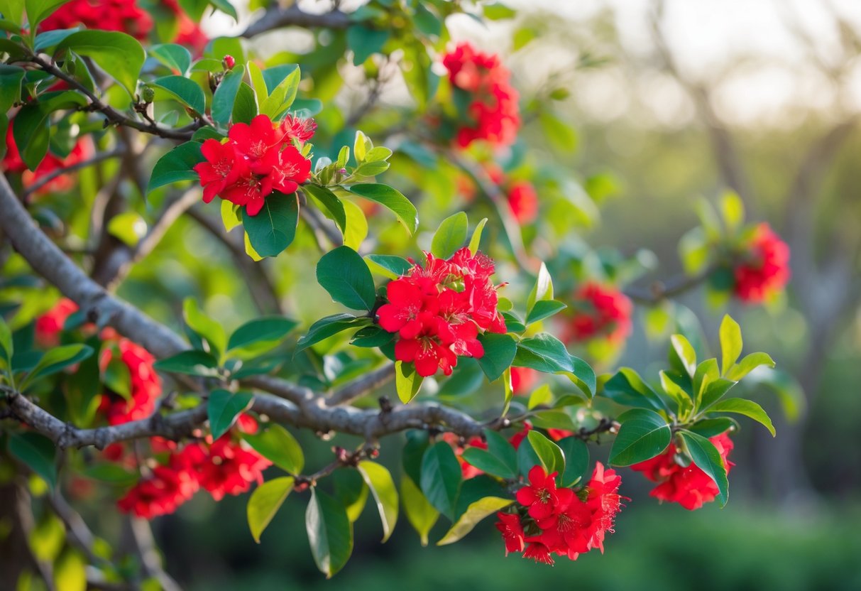 Close-up of a Texas Scarlet Flowering Quince shrub with bright red flowers and green leaves outdoors in natural light.