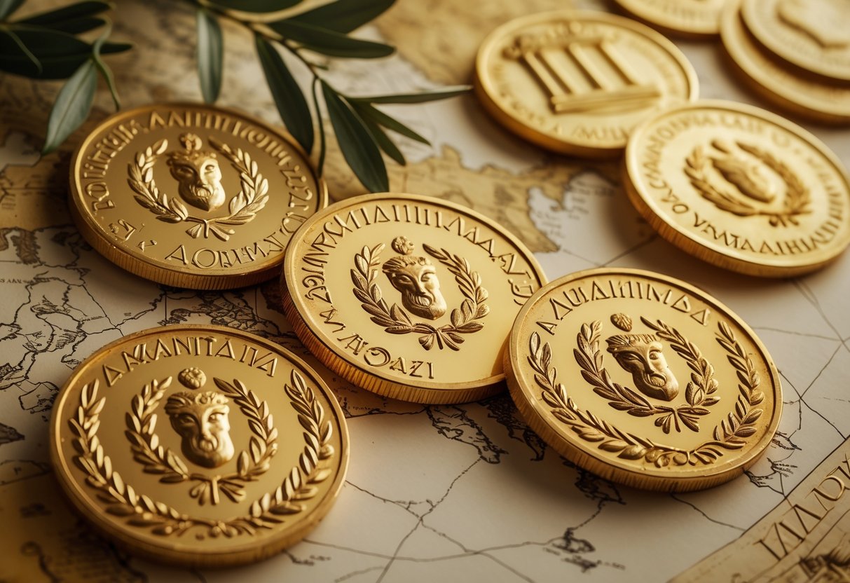 Ancient Greek gold coins placed on an old map of Greece with symbols of Greek culture around them.