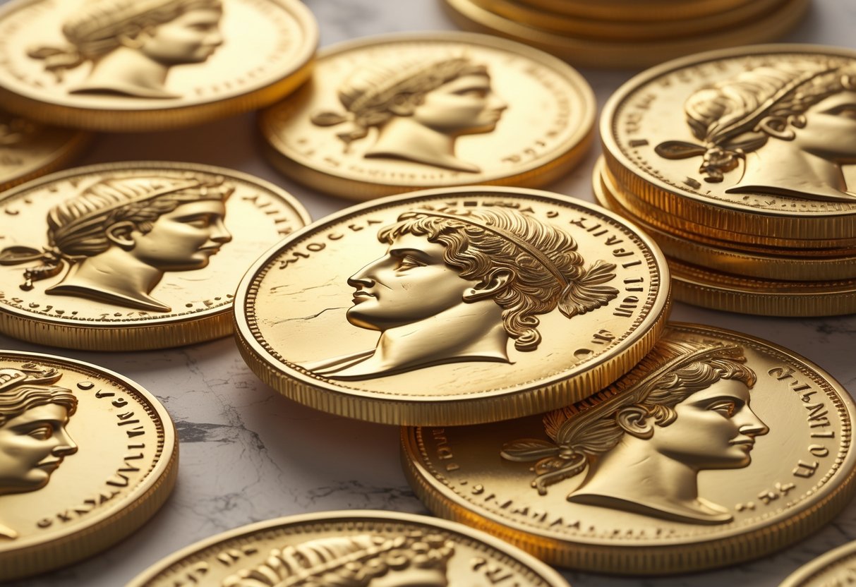 A collection of ancient Greek gold coins with detailed designs showing faces and symbols.