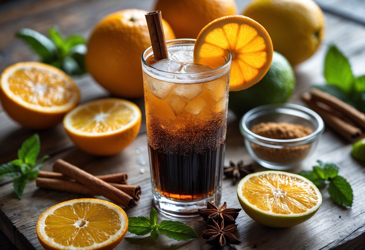 A glass of dark fizzy cola with orange slice and cinnamon stick, surrounded by fresh citrus fruits and spices on a wooden surface.