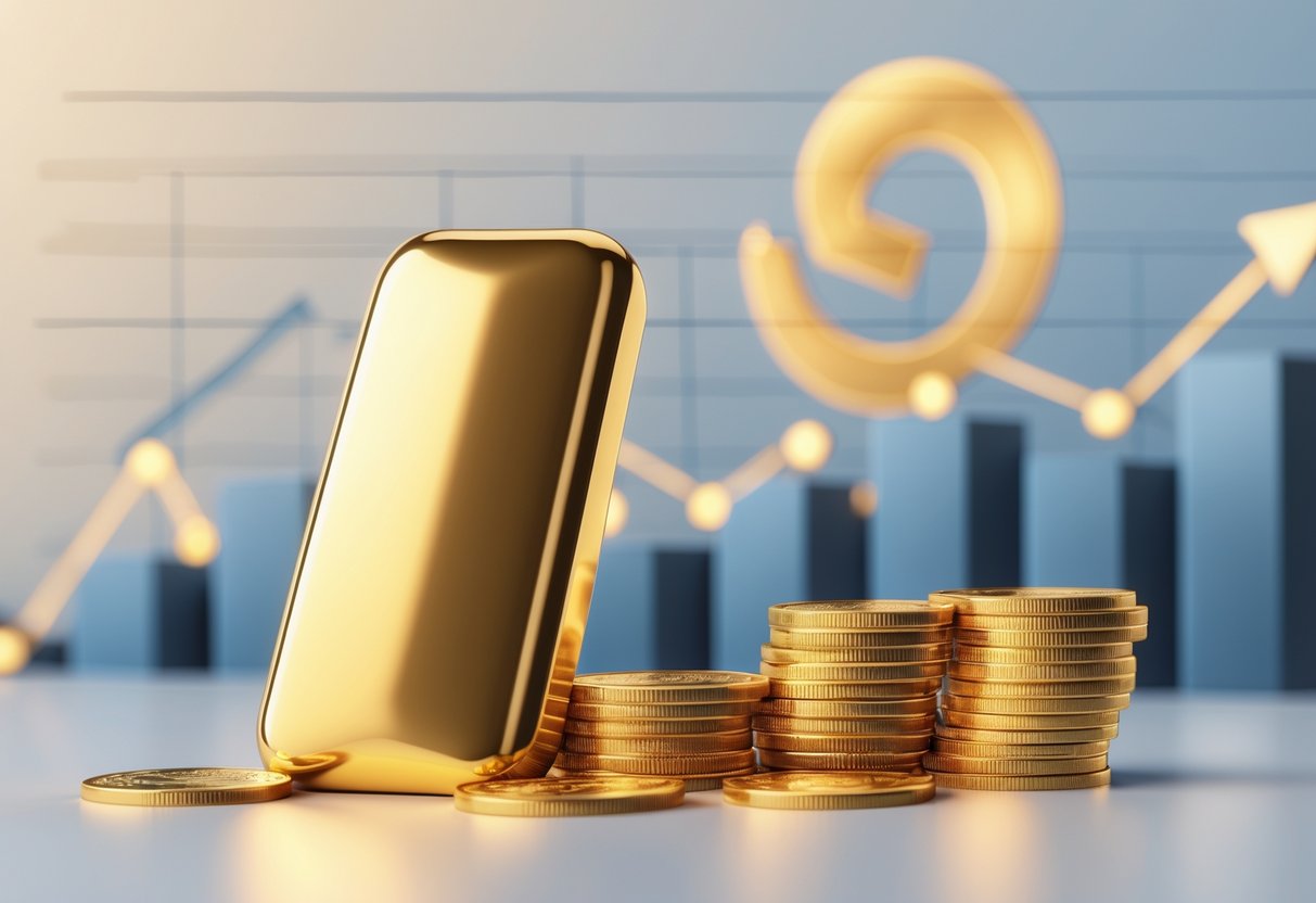 Gold bars and coins with a faint Turkish lira symbol and financial charts in the background representing gold price in Turkey.