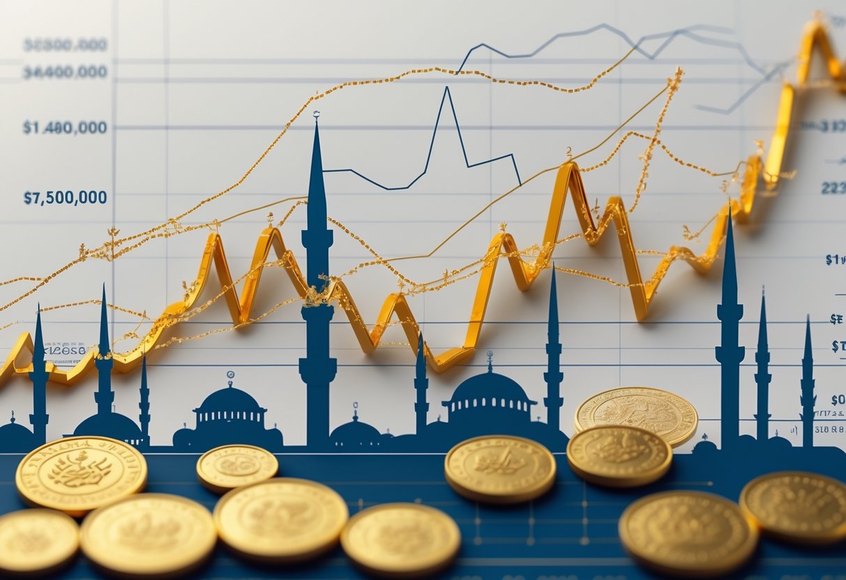 A financial chart showing gold price trends with historical Turkish gold coins and Turkish landmarks in the background.