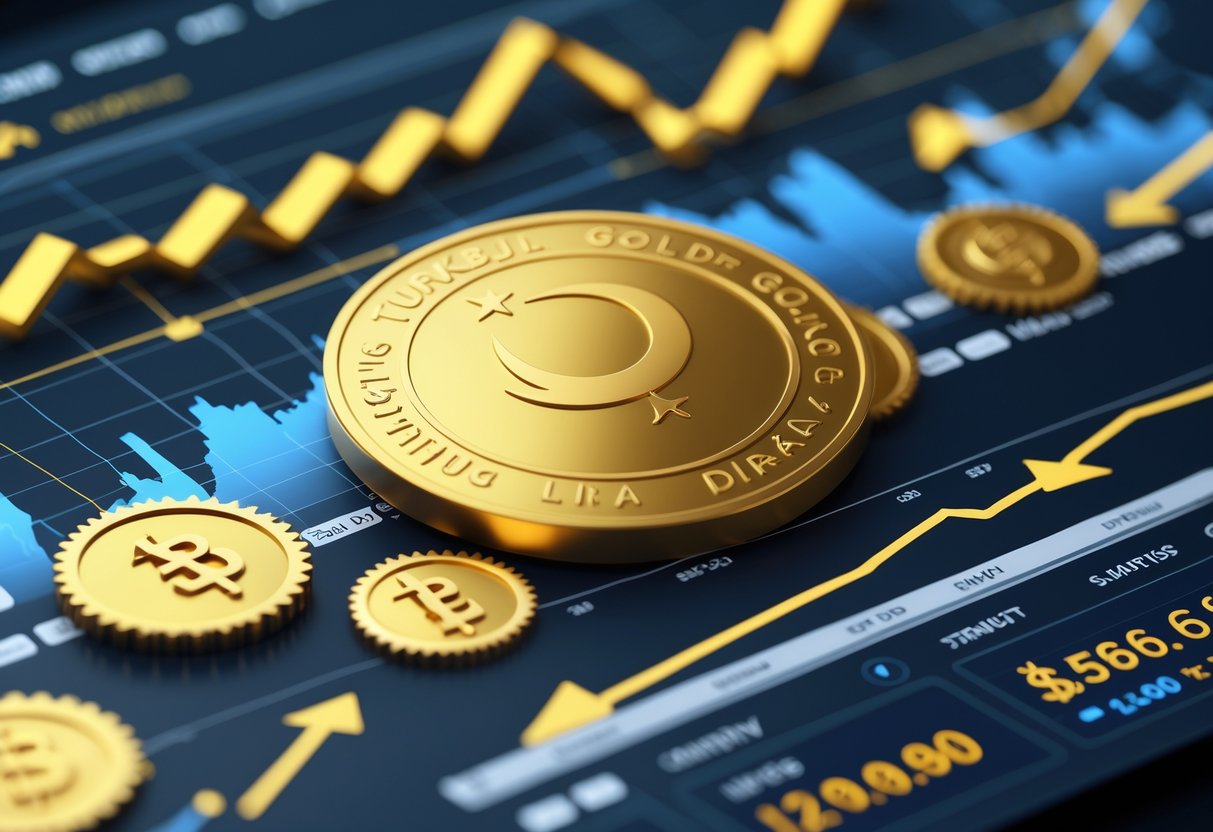 A gold coin with a crescent and star on a digital trading platform showing price charts, surrounded by gears and arrows, with Istanbul's skyline in the background.