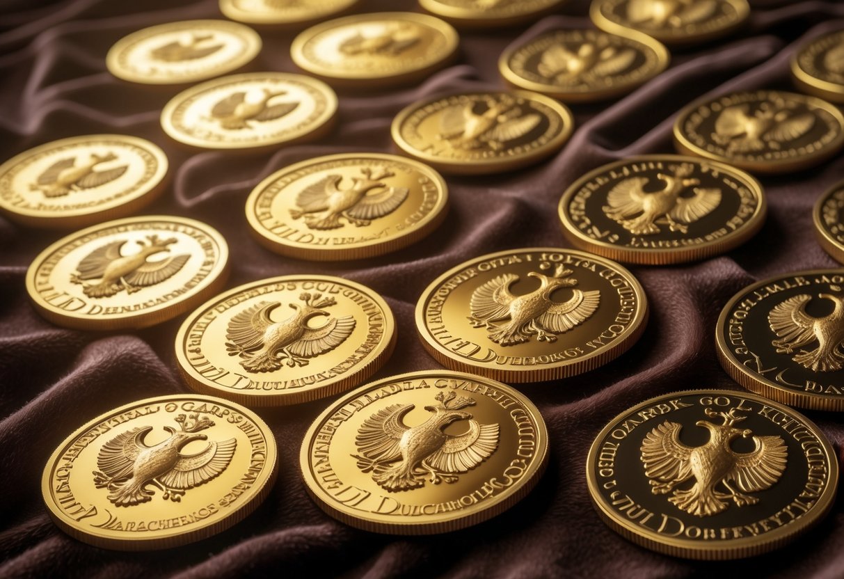 A collection of Austro-Hungarian gold coins arranged on a velvet surface, showing detailed designs and emblems.
