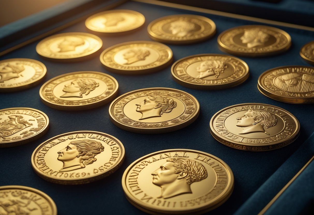 A collection of various Austro-Hungarian gold ducat coins arranged on a dark surface, showing different sizes and detailed designs.