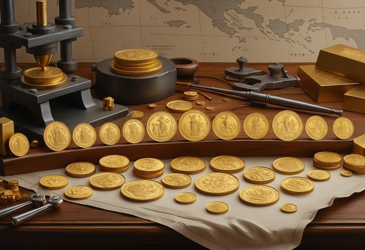 A collection of gold ducat coins from Austro-Hungary displayed on a wooden table with minting tools and a faint map in the background.