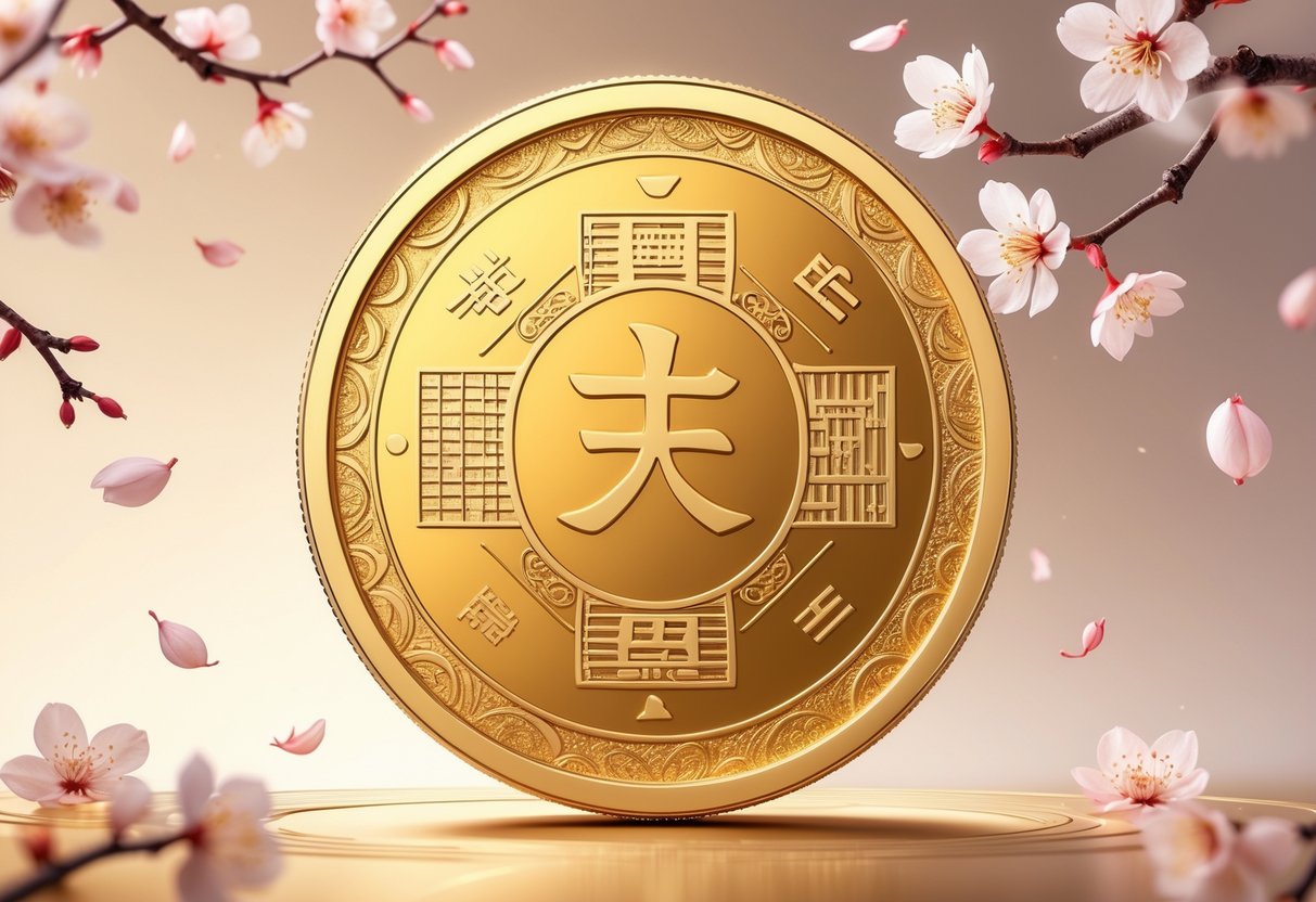 A gold Japanese yen coin with detailed engravings surrounded by floating cherry blossom petals on a warm gradient background.