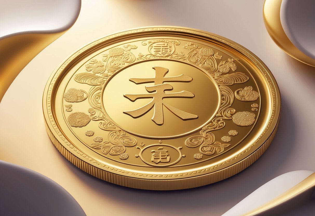 A detailed illustration of a gold Japanese Yen coin with traditional engravings on a warm, softly shaded background.