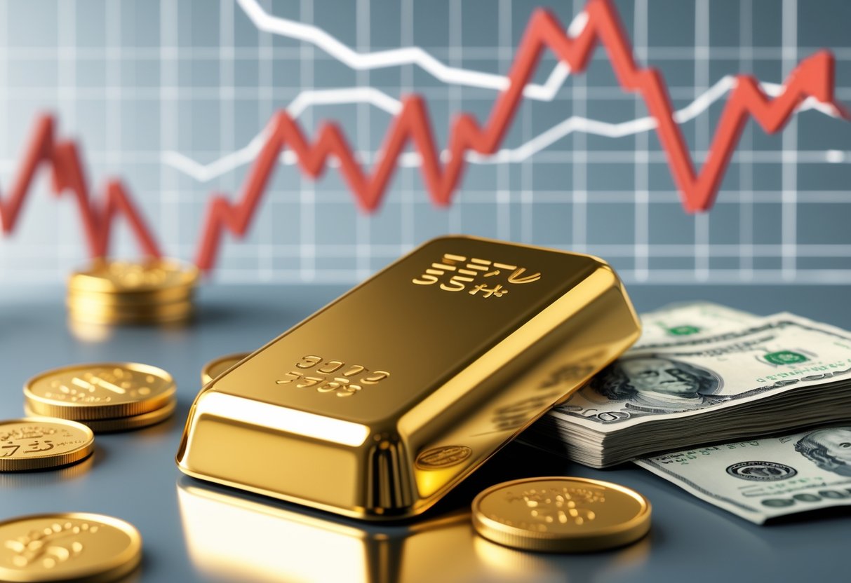 A gold bar displayed with Japanese yen coins and banknotes, alongside a financial chart indicating market trends.